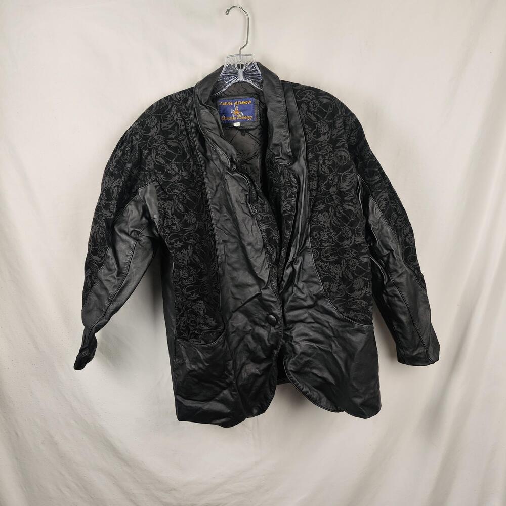 Vintage Claude Alexander Blazer Mens L Black Leather Floral Shawl Tuxedo Jacket